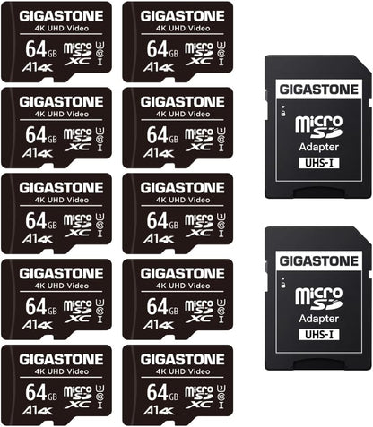 64GB 10-Pack Micro SD Card, 4K UHD Video, Surveillance Security Cam Action Camera Drone Professional, 90Mb/S Micro SDXC UHS-I A1 Class 10