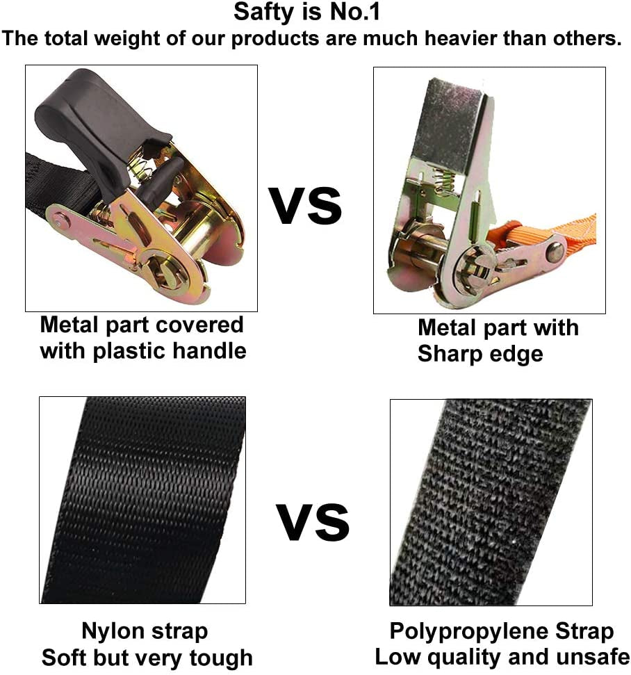 Endless Ratchet Tie down Straps Heavy Duty Cargo Tie Downs, Durable Nylon Black Strap down Ratcheting Securing Straps, Track Spring Fittings, Tie-Down Motorcycles, Trailer Loads, Kayak (8Ft - 4Pack)